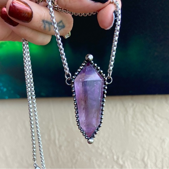 Natural purple amethyst crystal gemstone boho goth moon charm - Picture 12 of 16